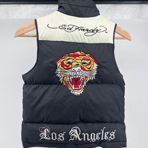 Vintage Y2K Kids Ed Hardy Black Puffer Vest Tiger Logo Los Angeles Size XS 6
